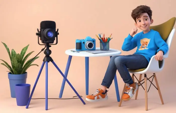 Talk Show Concept Boy with Camera at the Desk 3D Character Illustration